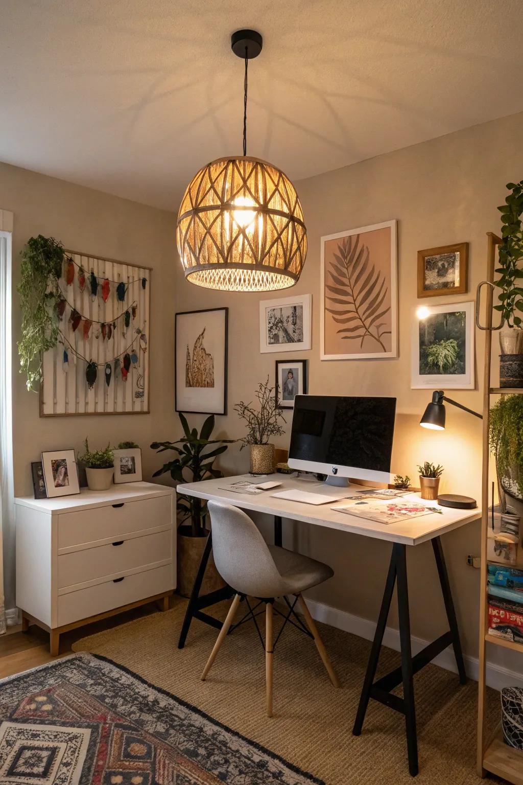 Creative lighting adds character and warmth to a home office.