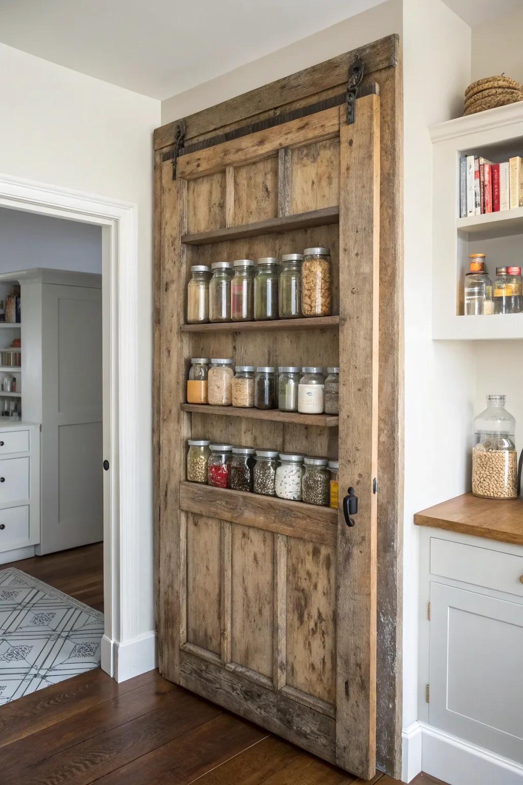 Transform vintage into vogue: a rustic door becomes your pantry's stylish centerpiece.