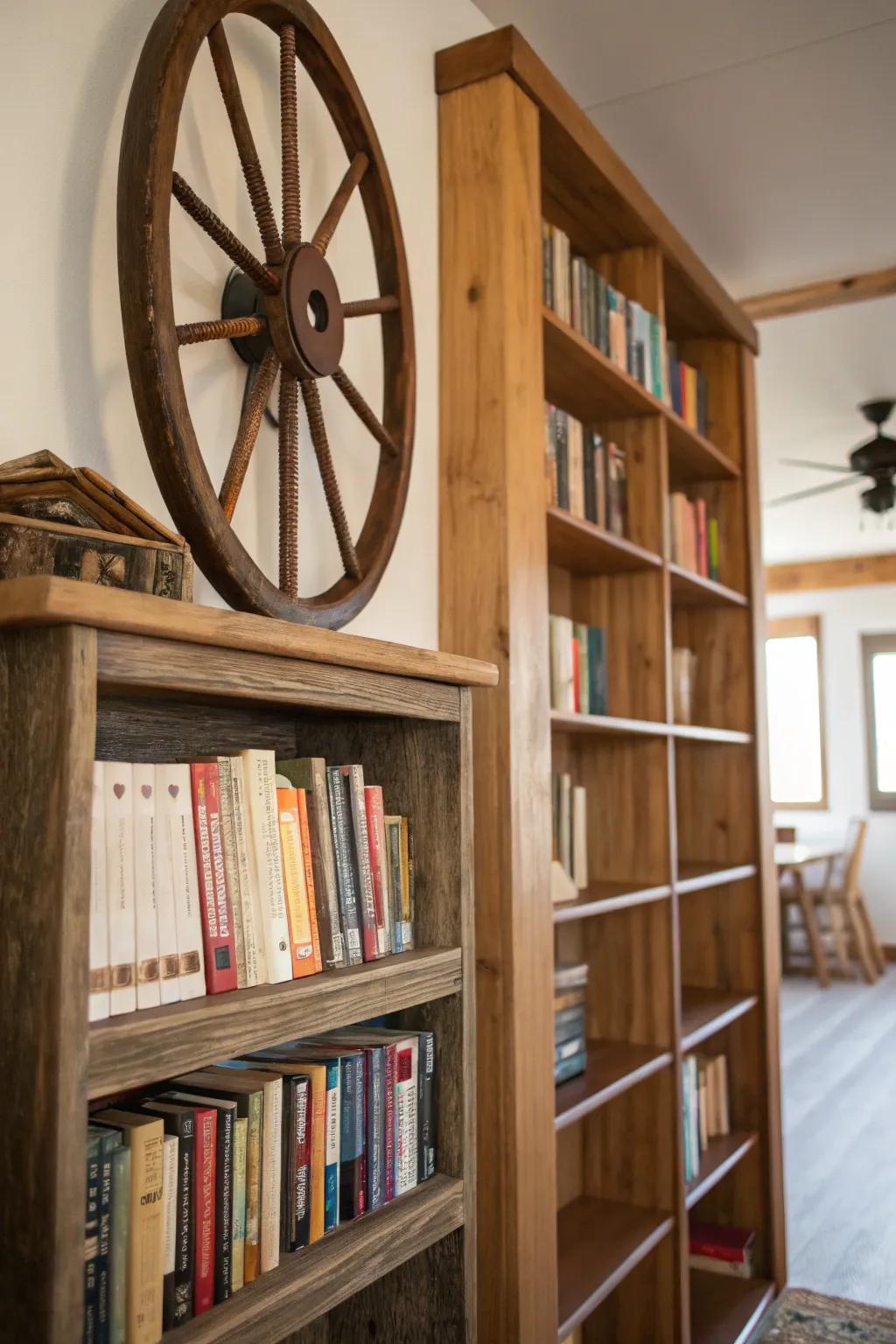 A wagon wheel adds rustic charm to a bookcase.