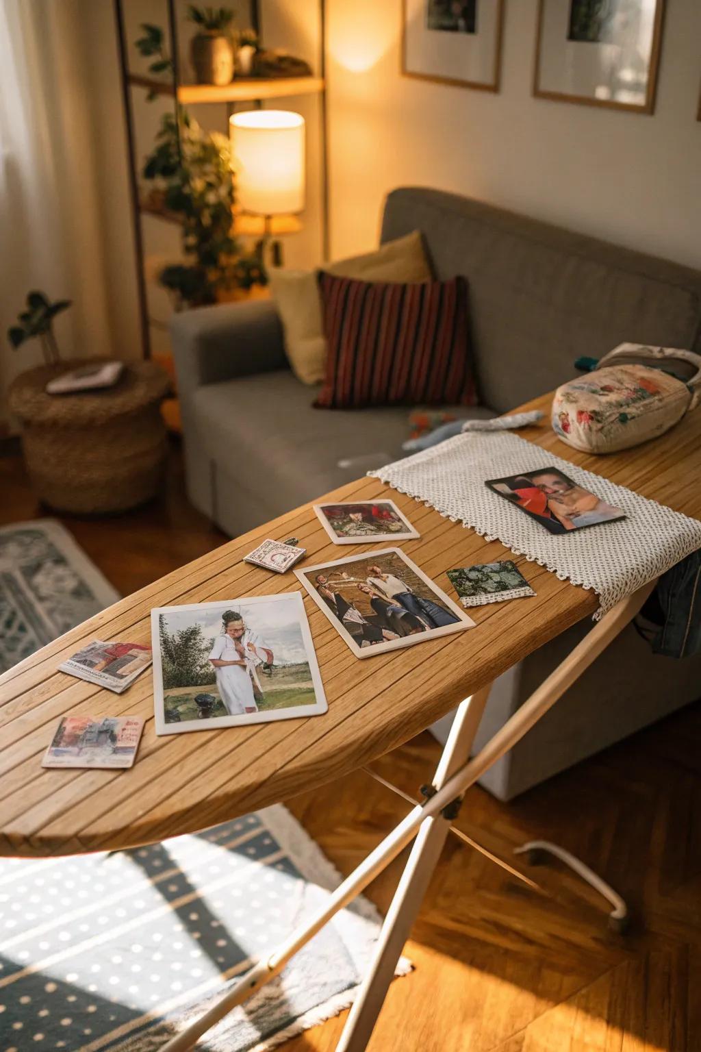 Use your ironing board as a unique display for cherished photos.