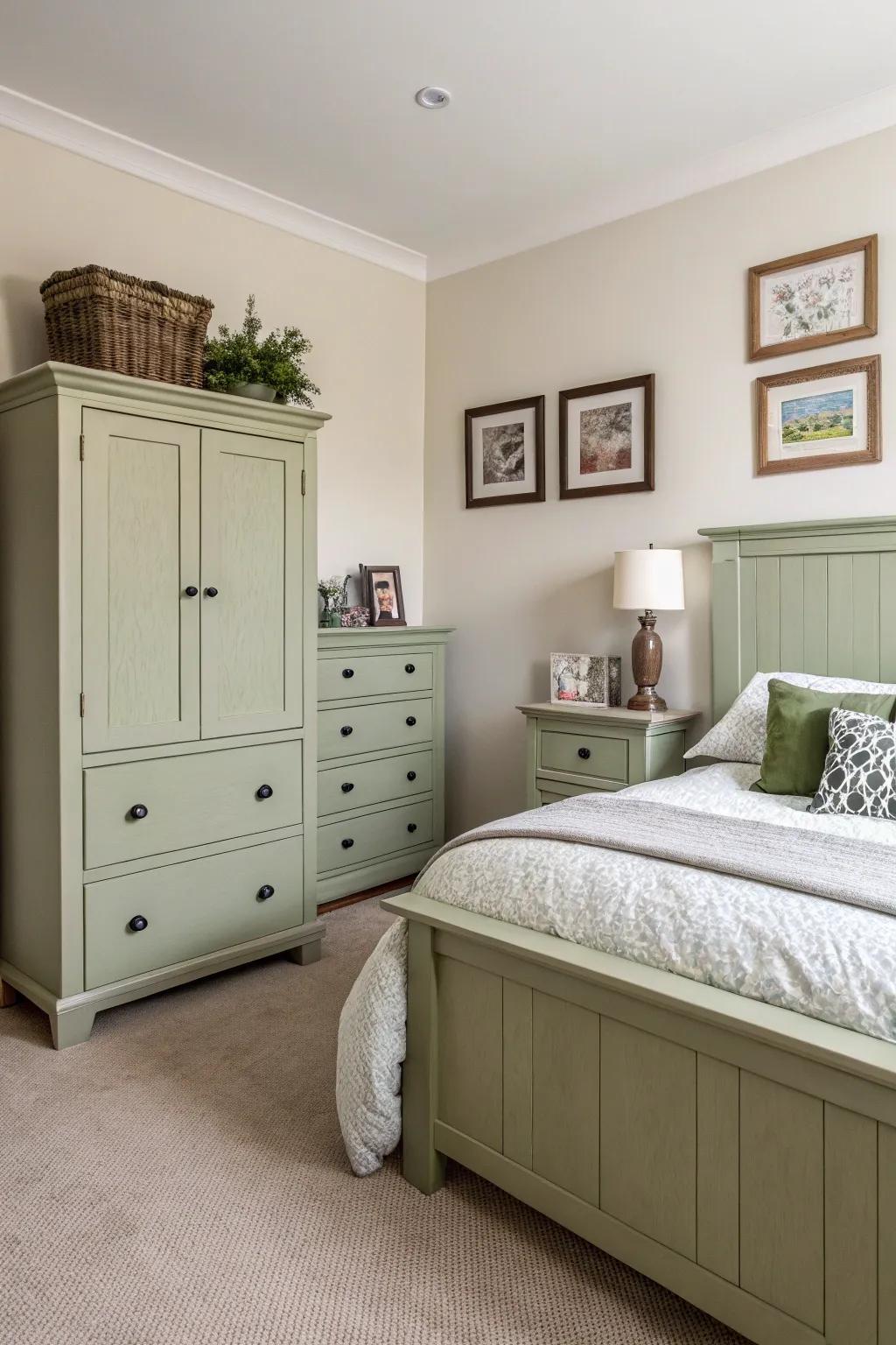 Olive green painted furniture serves as a bold focal point.