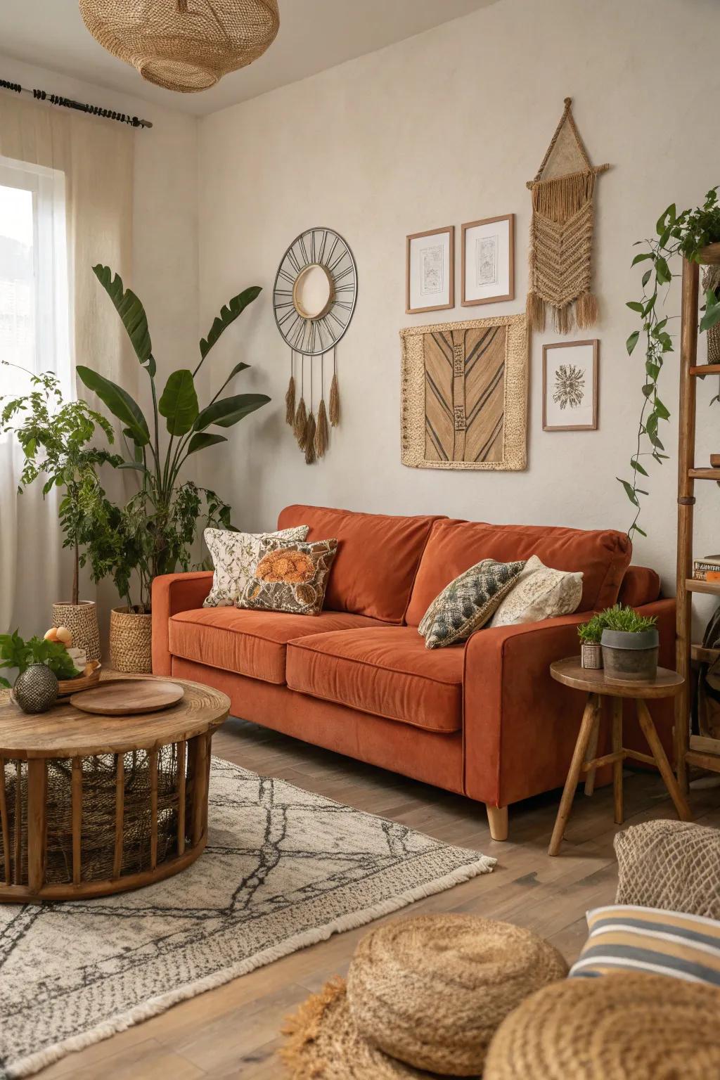 A harmonious living room where earthy shades balance the vibrancy of an orange couch.