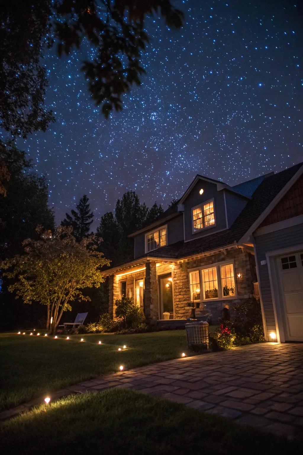 A starry night projector casts a magical, twinkling display over the home and yard.