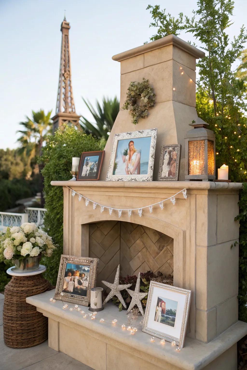 A personalized mantel with family photos and souvenirs.