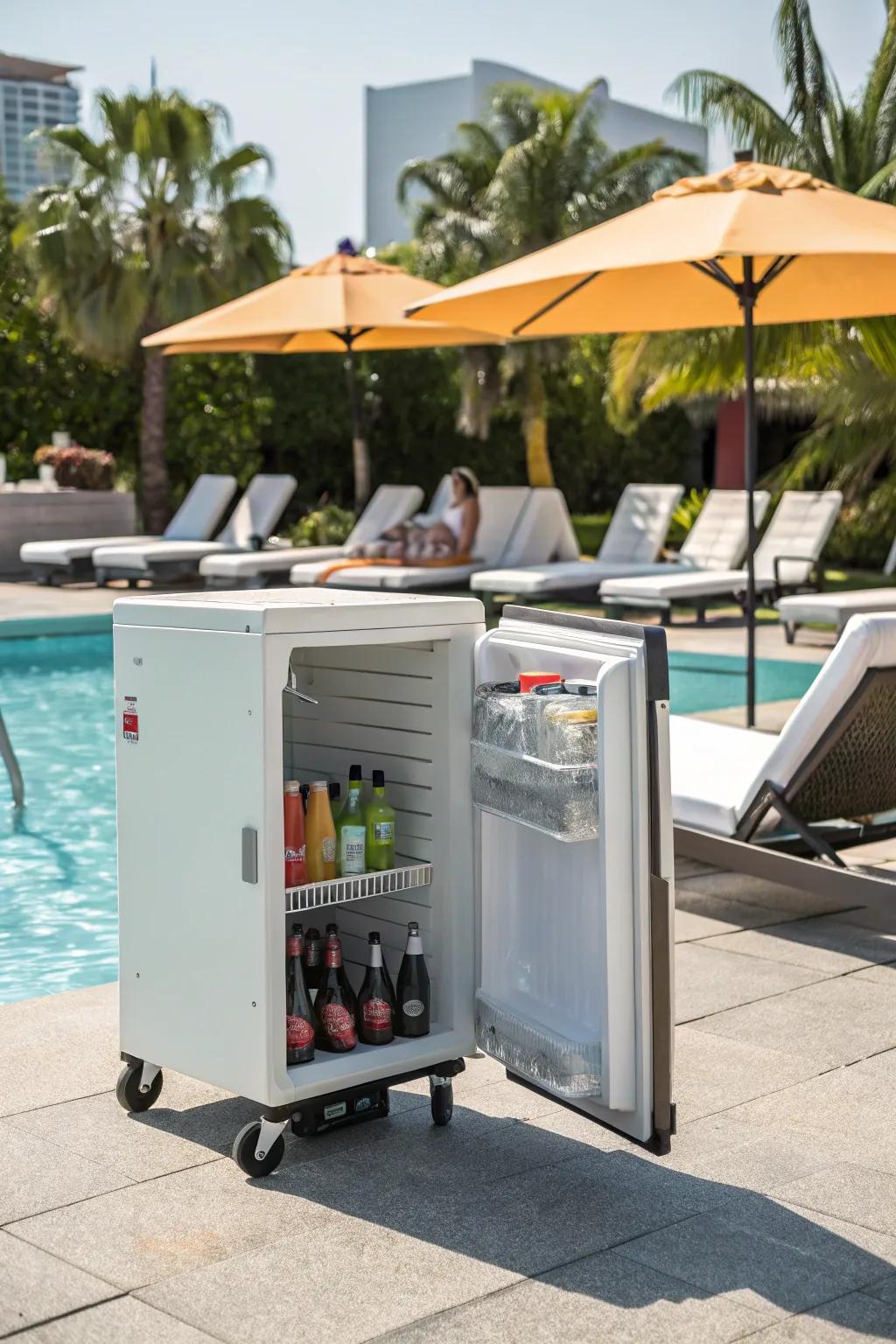 A portable fridge on wheels brings convenience and adaptability to outdoor spaces.