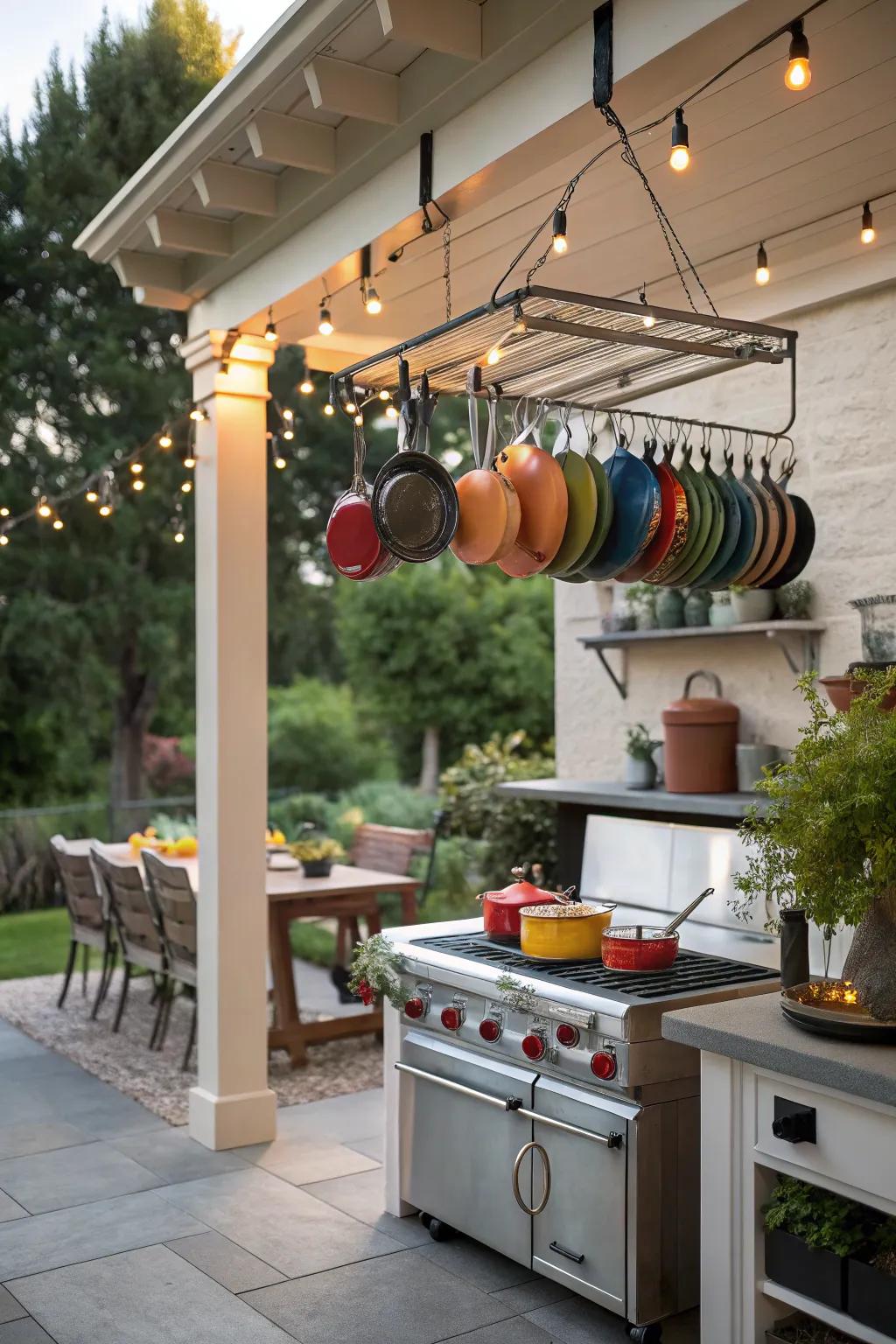 A pot rack adds rustic charm and practicality.