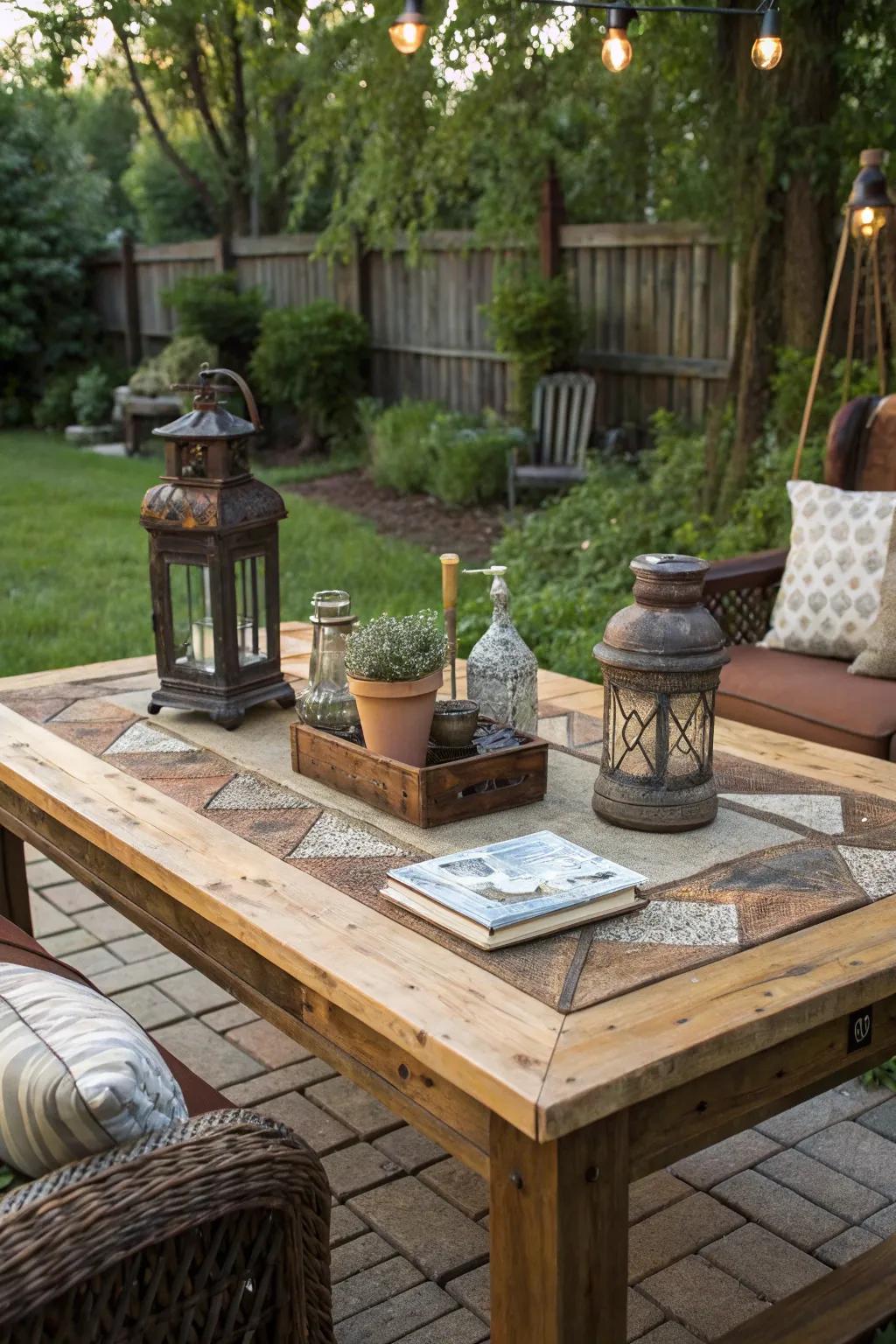 A vintage charm tabletop made from upcycled materials, adding character to your outdoor area.