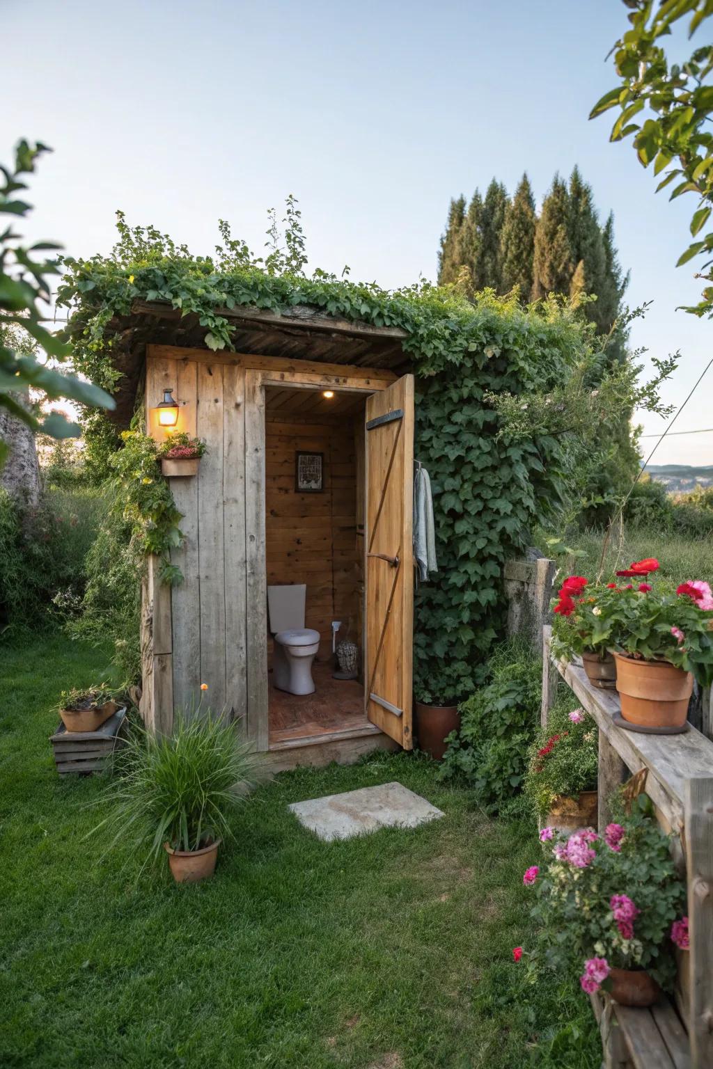 Greenery breathes life and freshness into this outhouse bathroom.