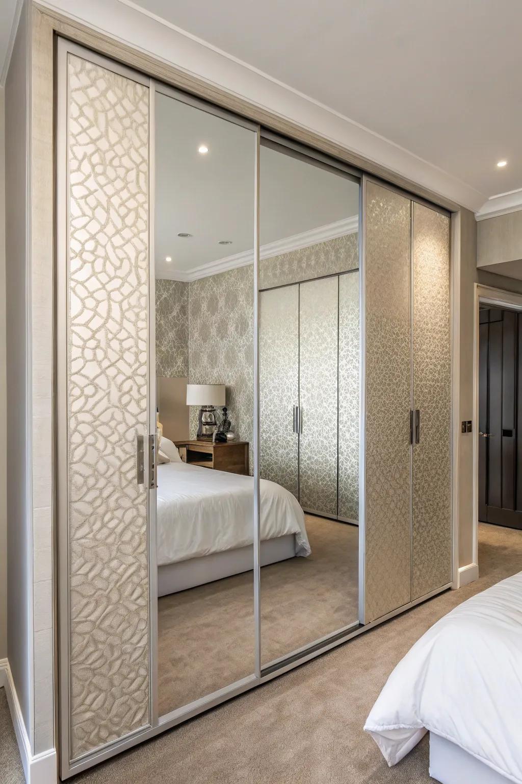 Textured wall panels create depth and interest on mirrored doors.