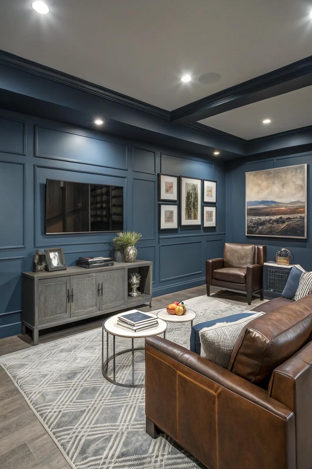 Steel blue walls create a cool and calming atmosphere in this modern setting.