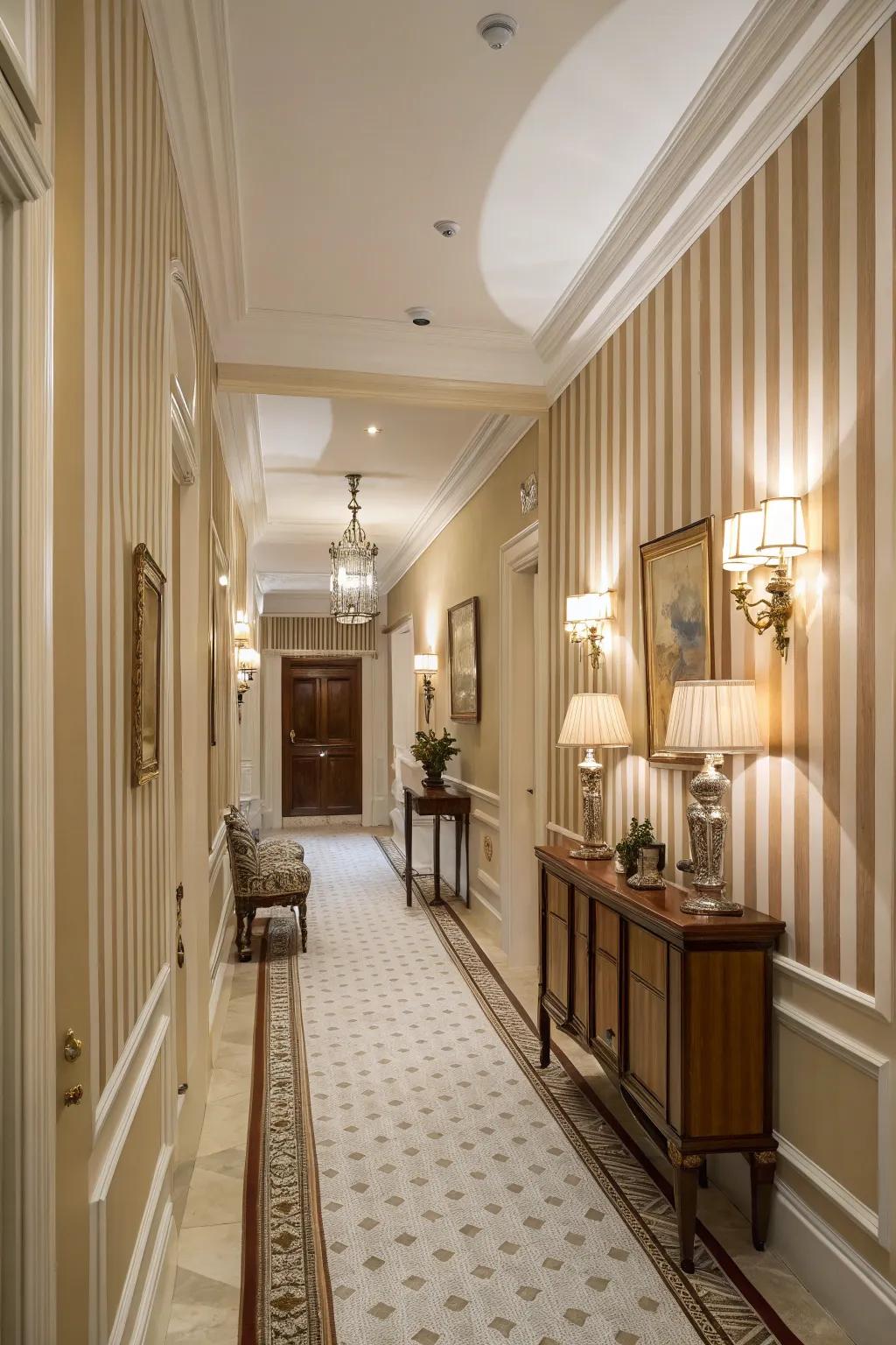 Classic stripes add elegance and dimension to this hallway.