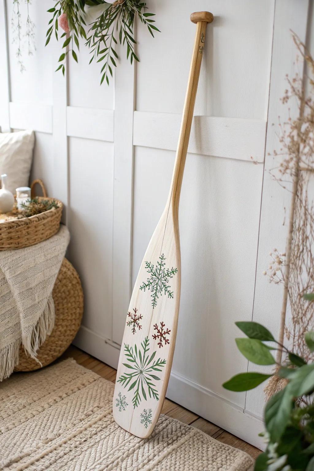 Embrace the season with a touch of artistry - winter-themed paddles for your festive adventures.