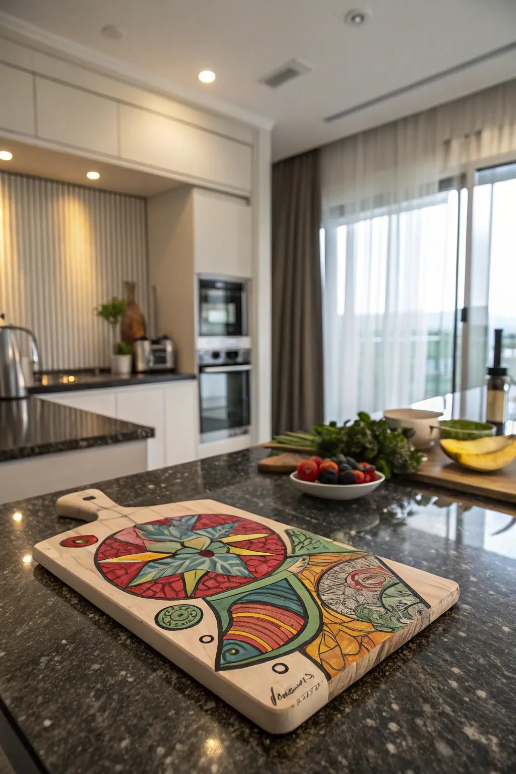 An abstract art cutting board that serves as a vibrant kitchen centerpiece.