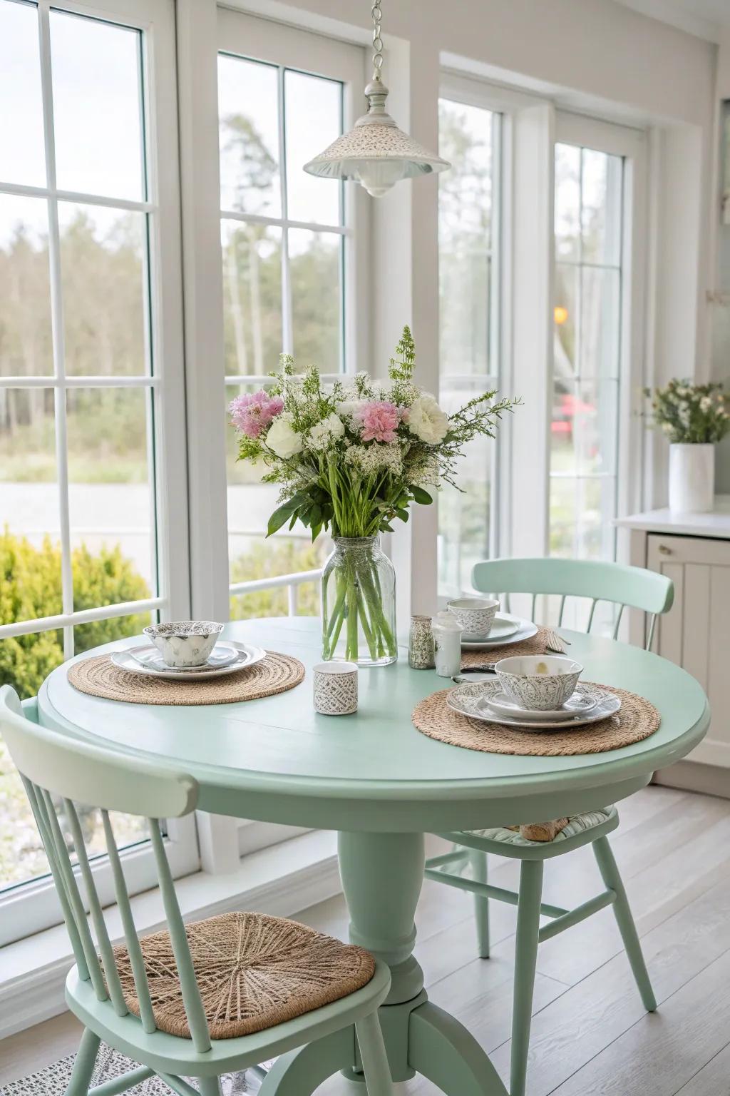 Mint green brings a refreshing calm to your dining area.