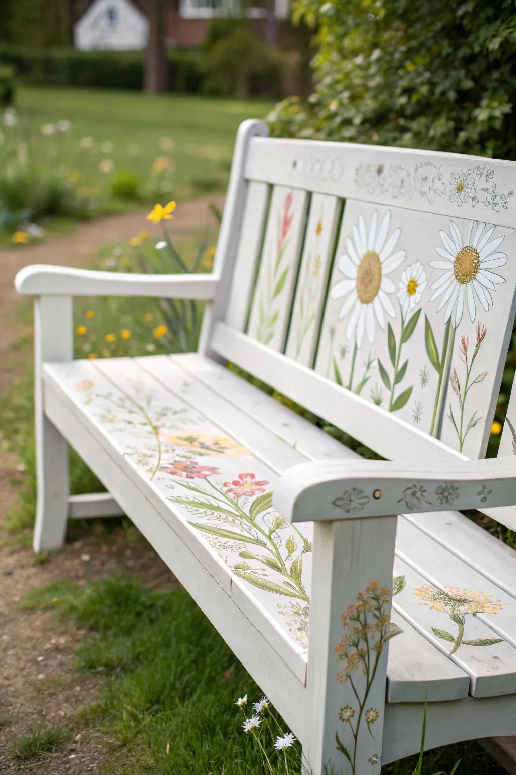 Sit in style with a bench that blooms with charm.