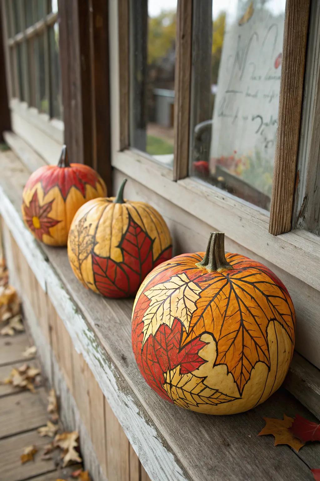 Leaf-patterned pumpkins celebrate the beauty of fall foliage.