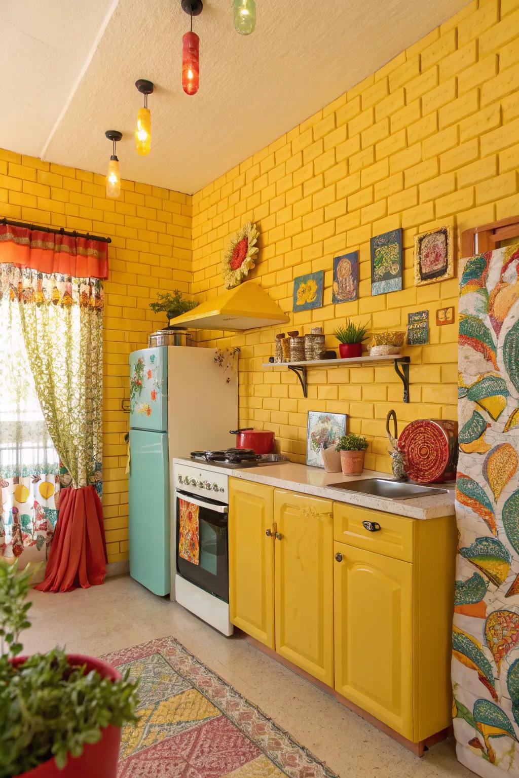 Sunny yellow painted brick walls bringing cheerfulness to the kitchen.