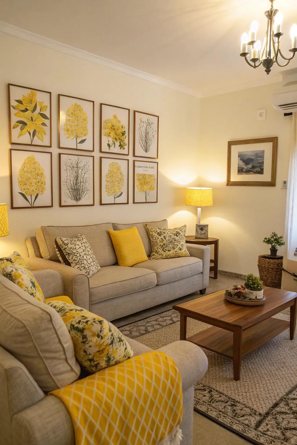 Yellow artwork adds a cohesive touch to the living room's design.