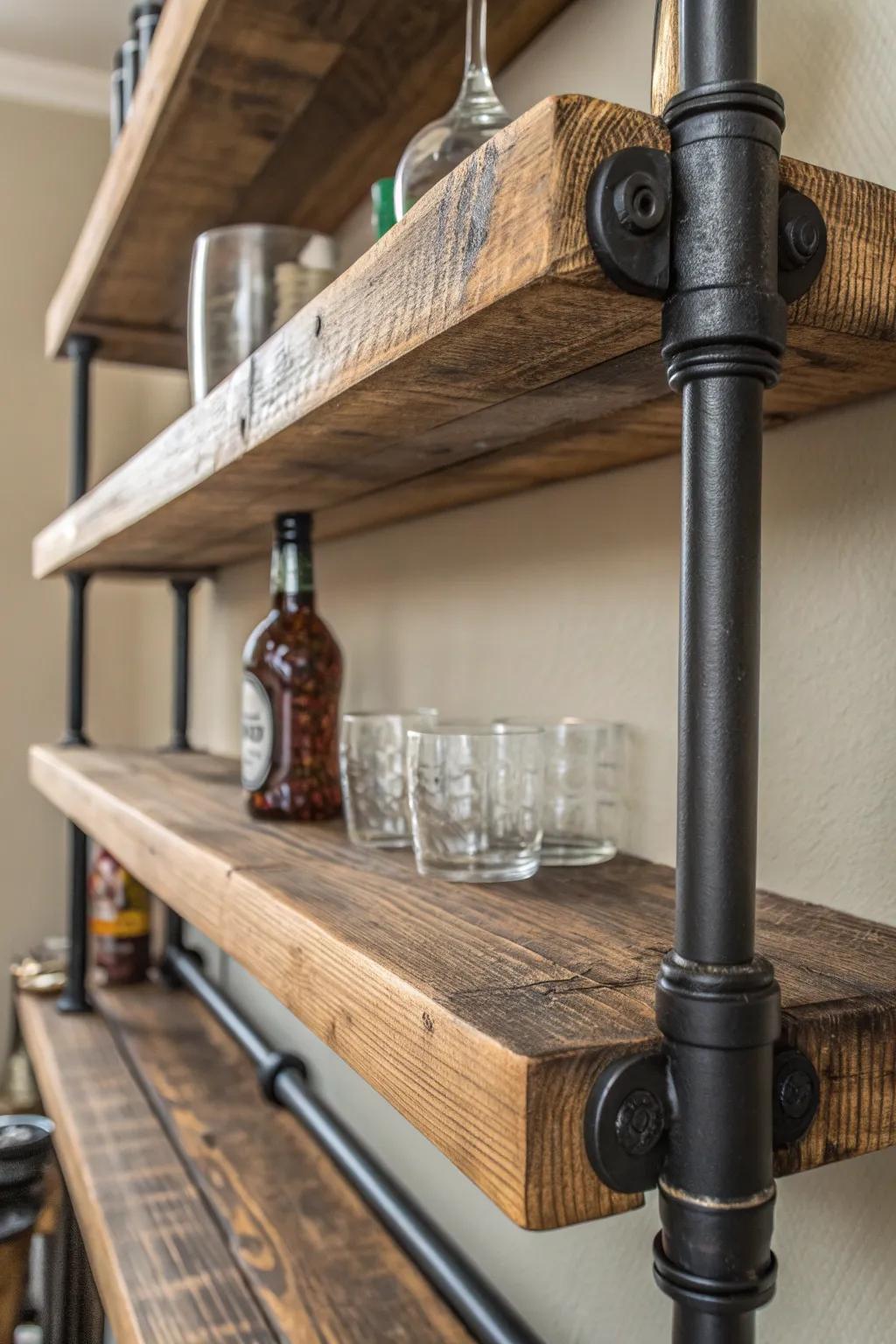 Transform your space with the perfect blend of rustic and modern: a pallet wood and pipe bar shelf.