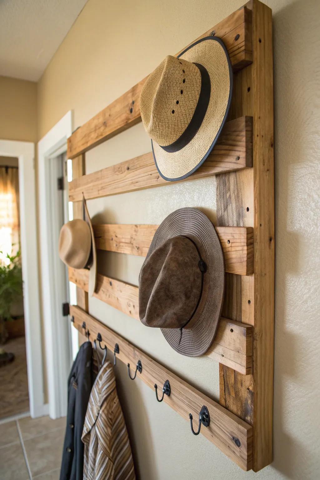 Elevate your style with a natural finish: a rustic hat rack that blends seamlessly into your home decor.