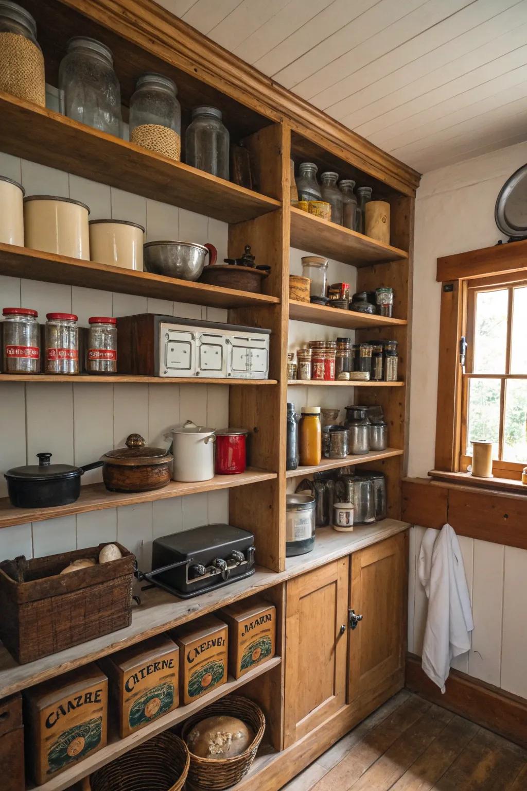 Vintage shelves add charm and character to your pantry.