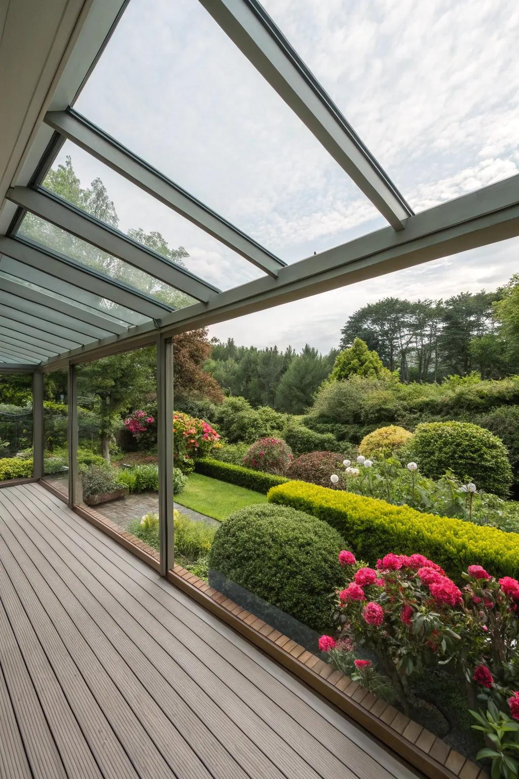 A sophisticated deck with a glass roof, providing shelter and unobstructed sky views.