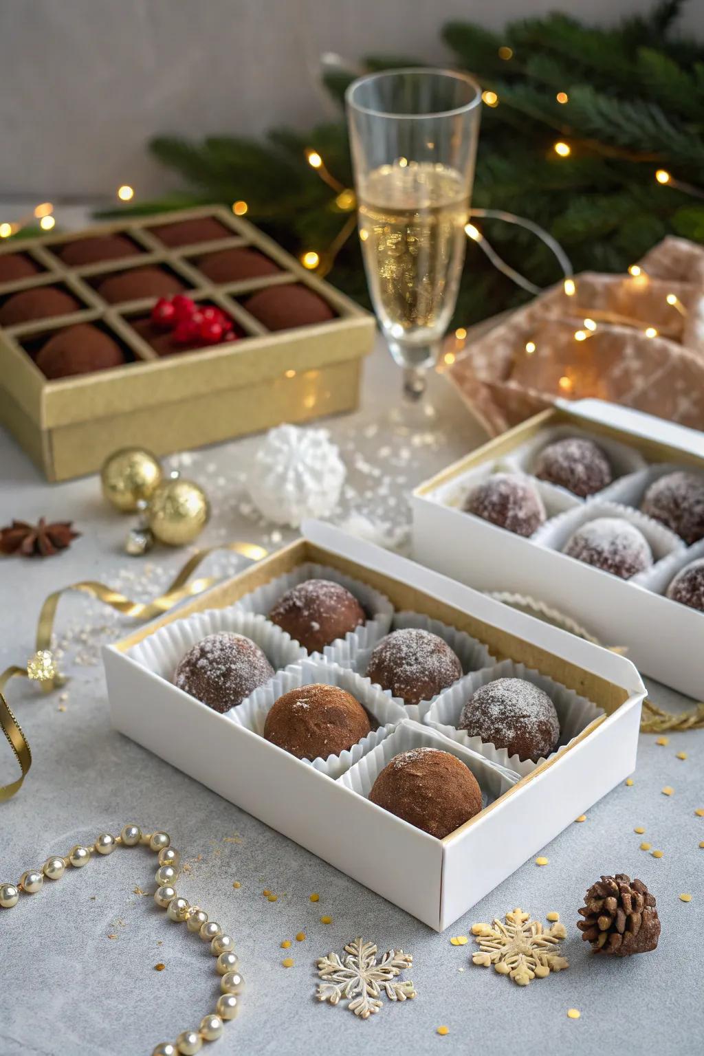 Rum balls in gift boxes add a luxurious touch to party favors.