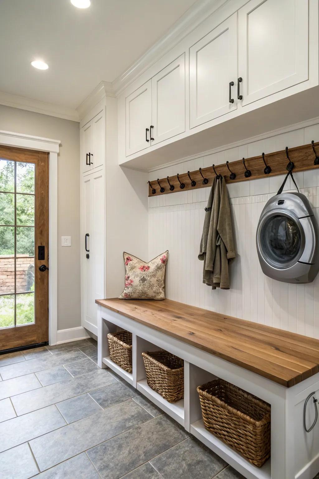 An integrated mudroom adds functionality to the laundry space.