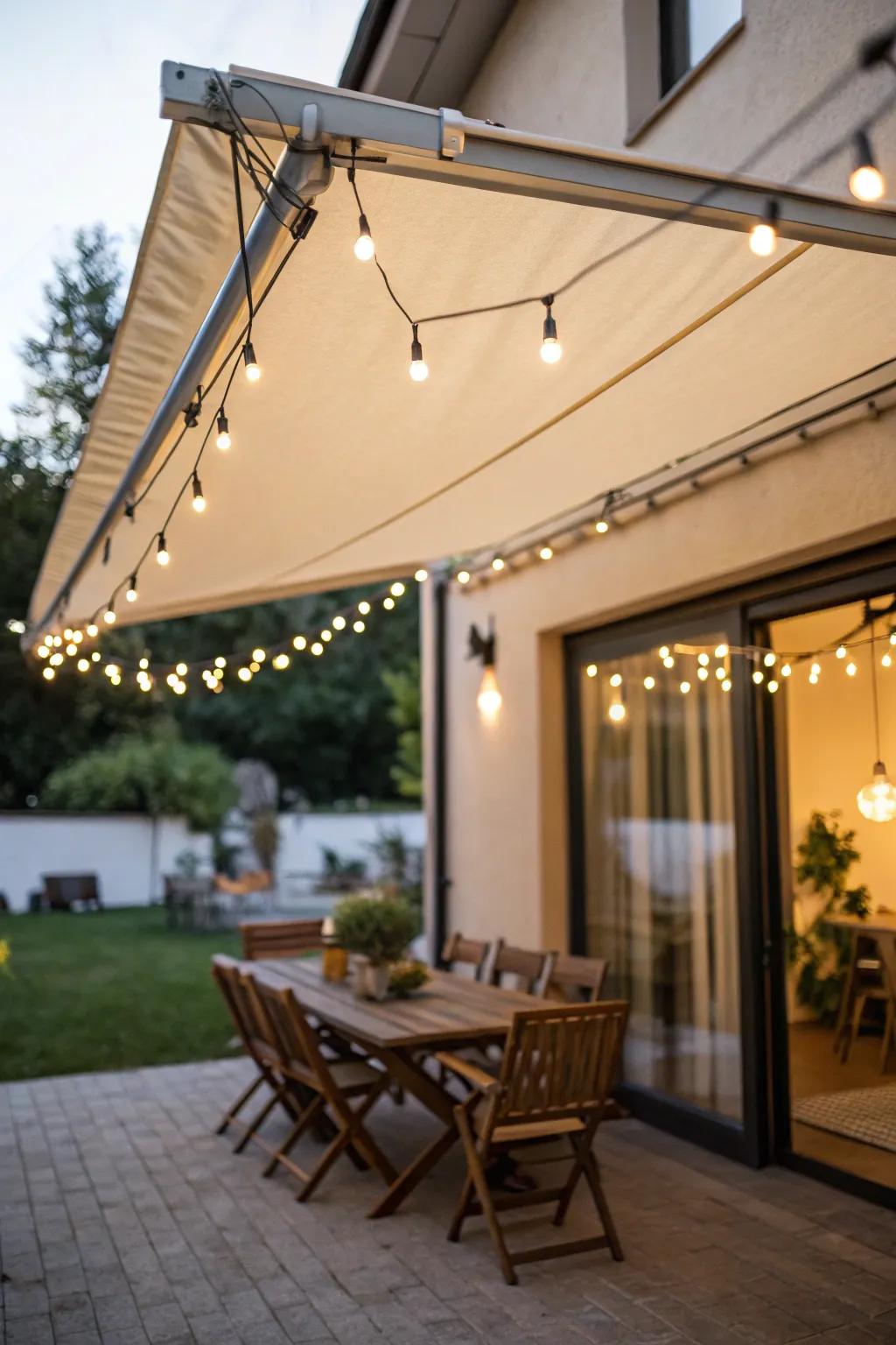 String lights framing a patio awning add warmth and elegance.