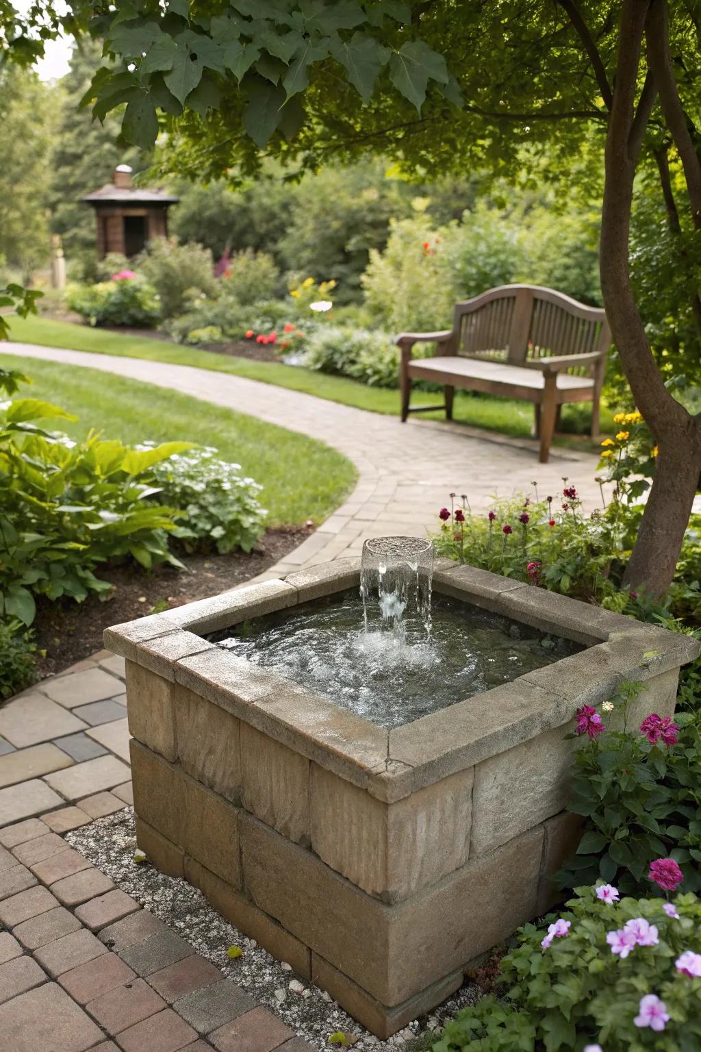 Water features in paver planters add tranquility.