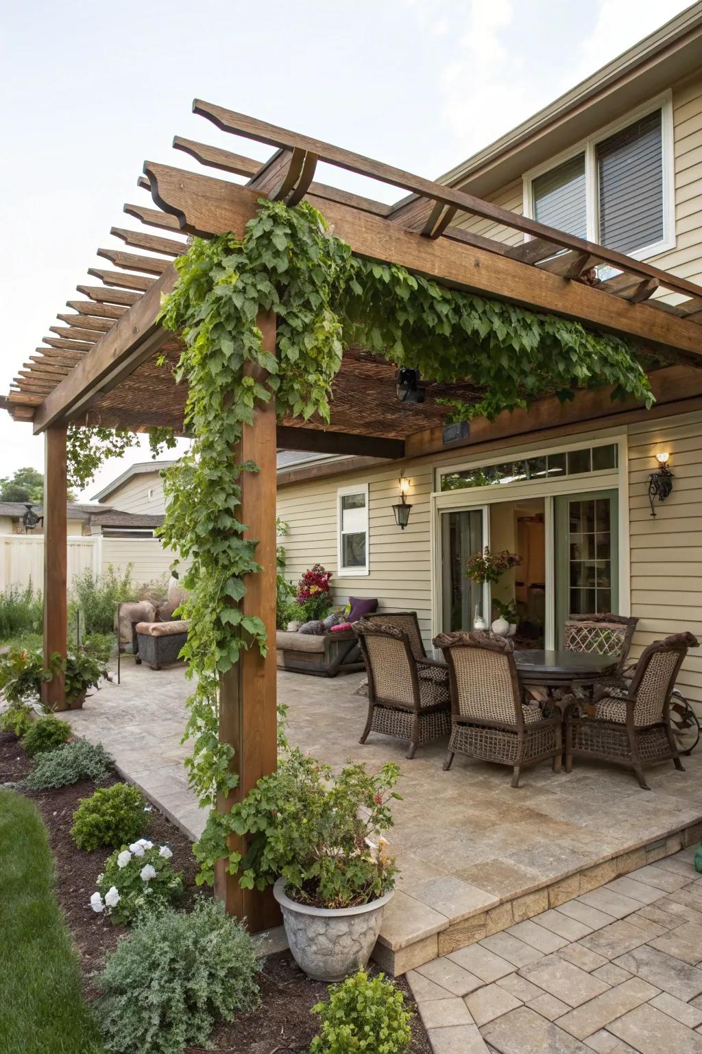 A pergola over a patio that defines an inviting outdoor living space.