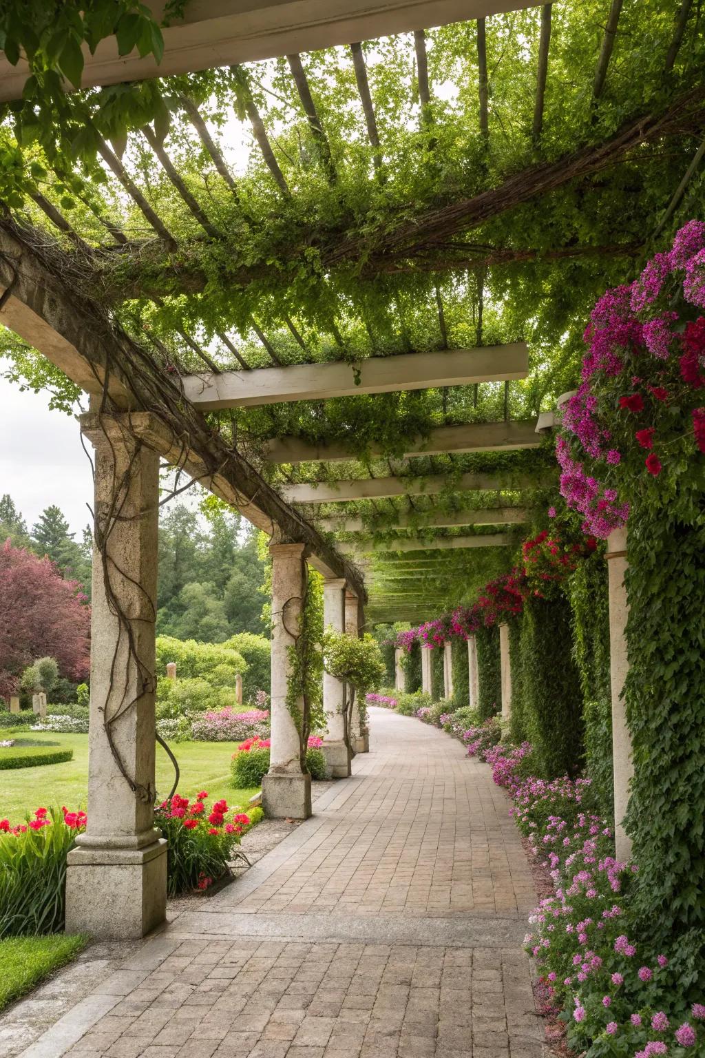 Hanging gardens offer shade and vibrant greenery.