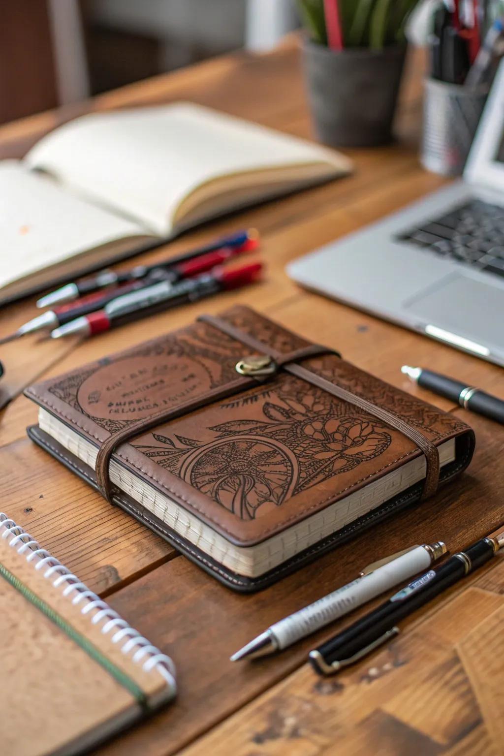 A personalized leather notebook combines practicality with personal style.