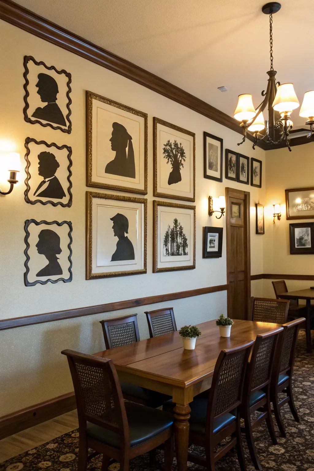 A dining room wall graced with framed silhouettes of family members.