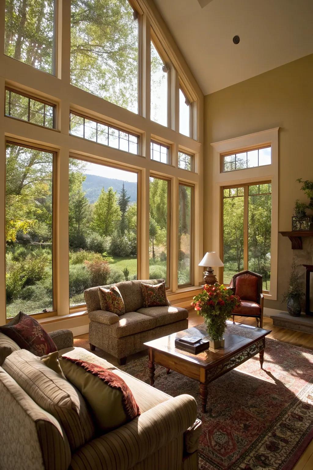 A living room featuring large, statement-making picture windows.