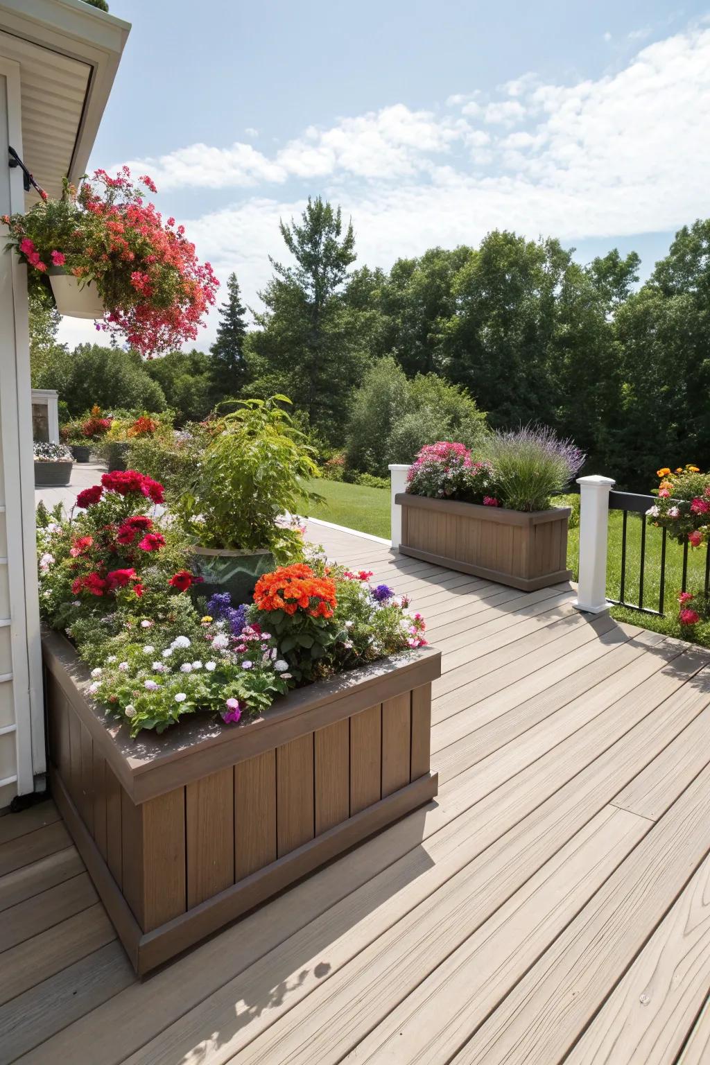 Composite decking beautifully integrated with lush planting.