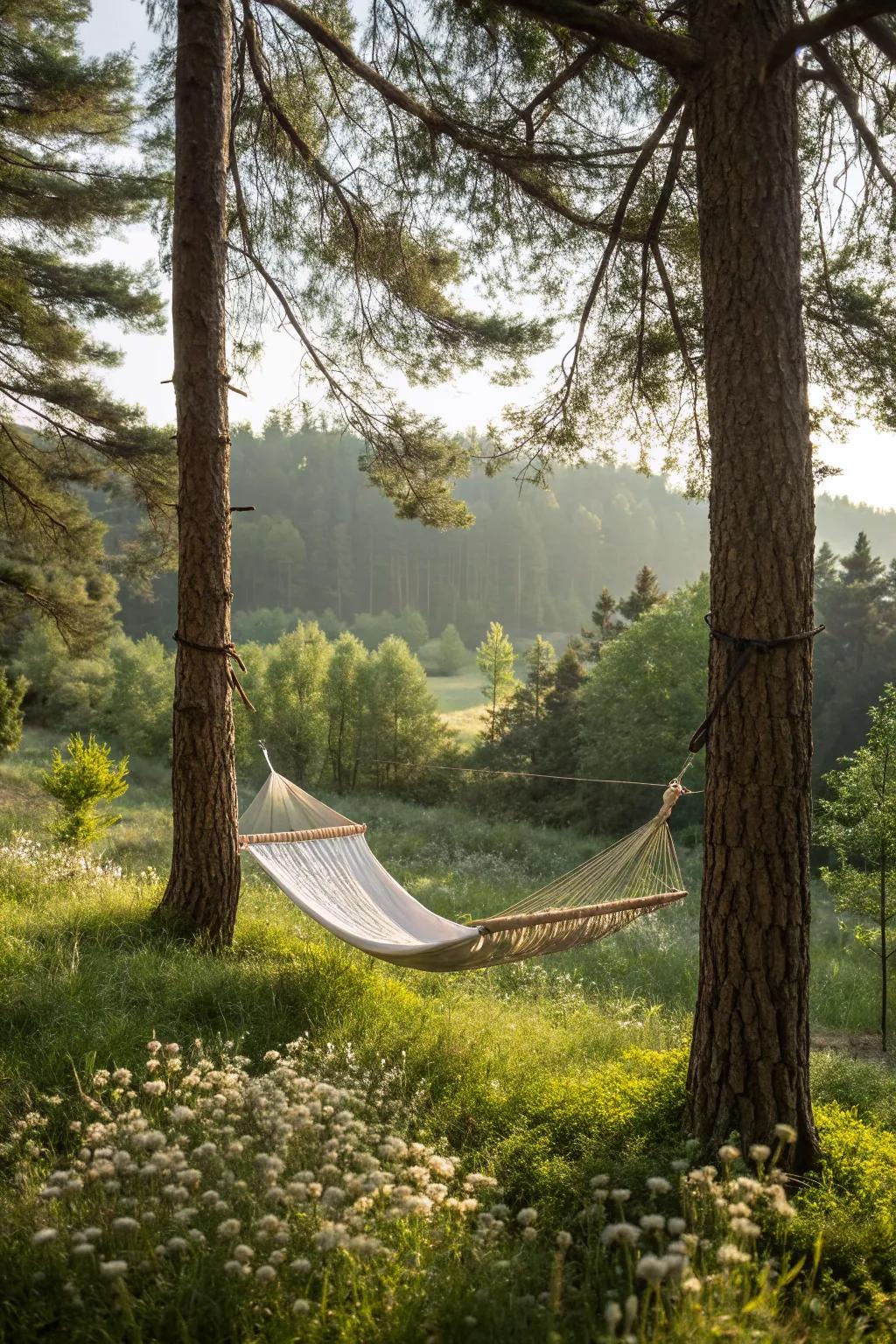 A hammock offers a perfect spot for relaxation in the pine forest.