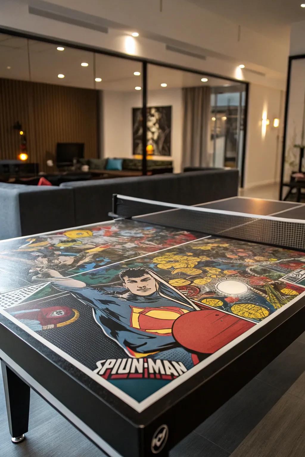 Level up your game room with this comic-inspired ping pong table—where nostalgia meets playfulness.