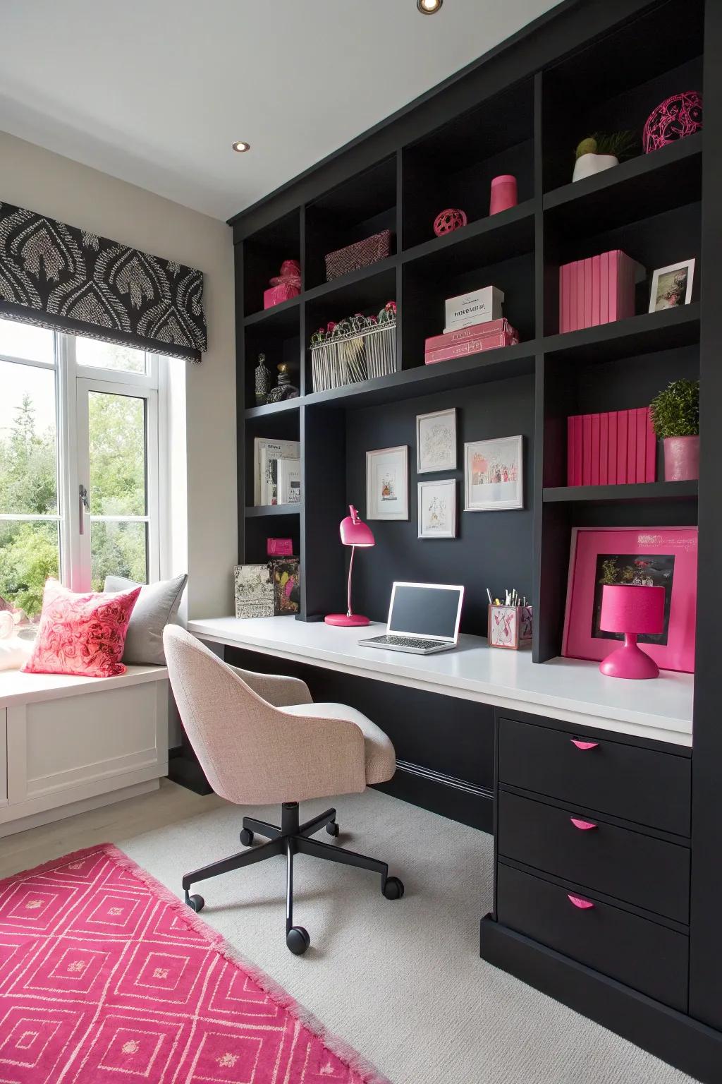 A black accent wall creates a sophisticated backdrop in this office.