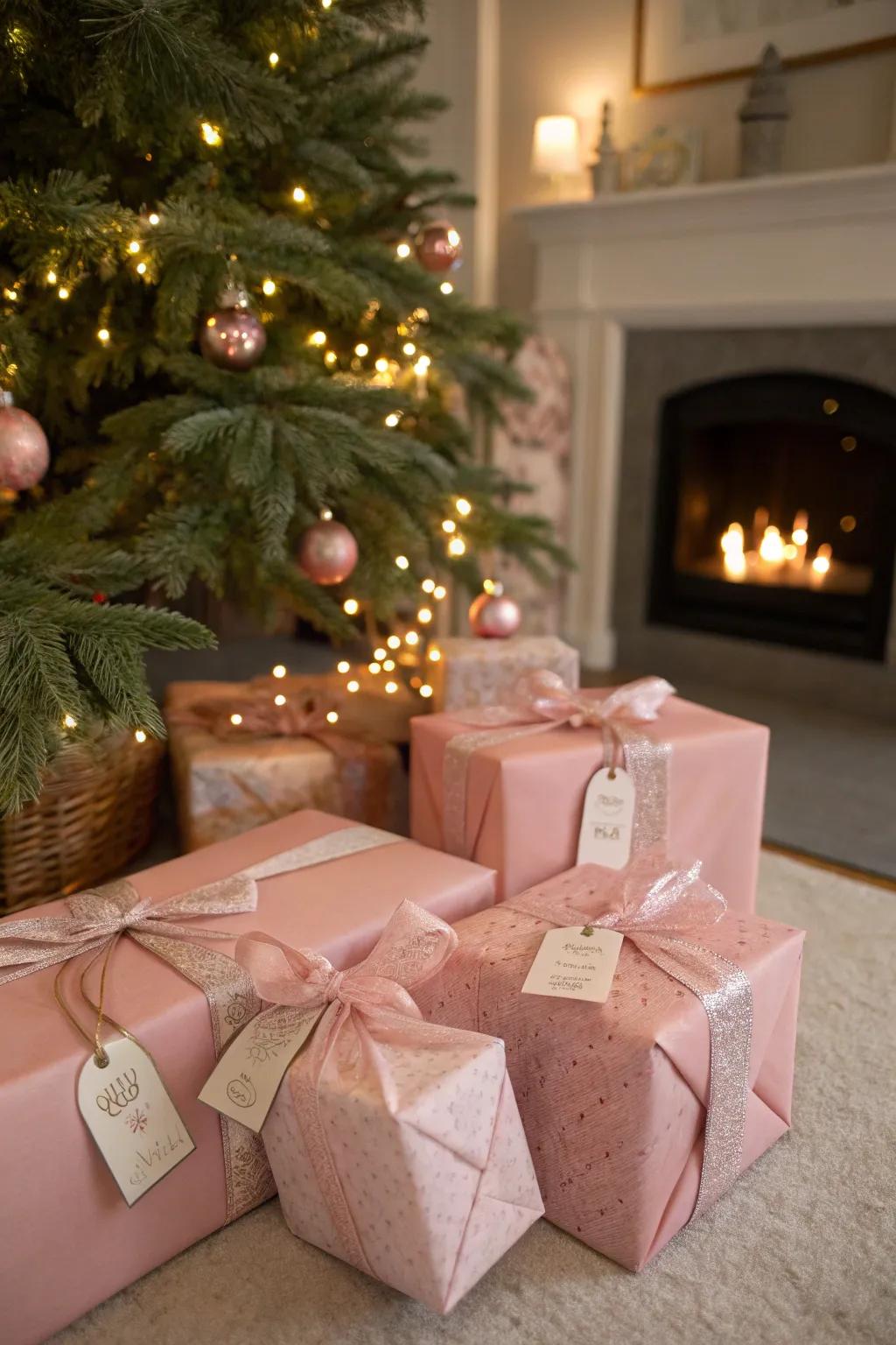 Pink gift wrapping complements your festive decor.