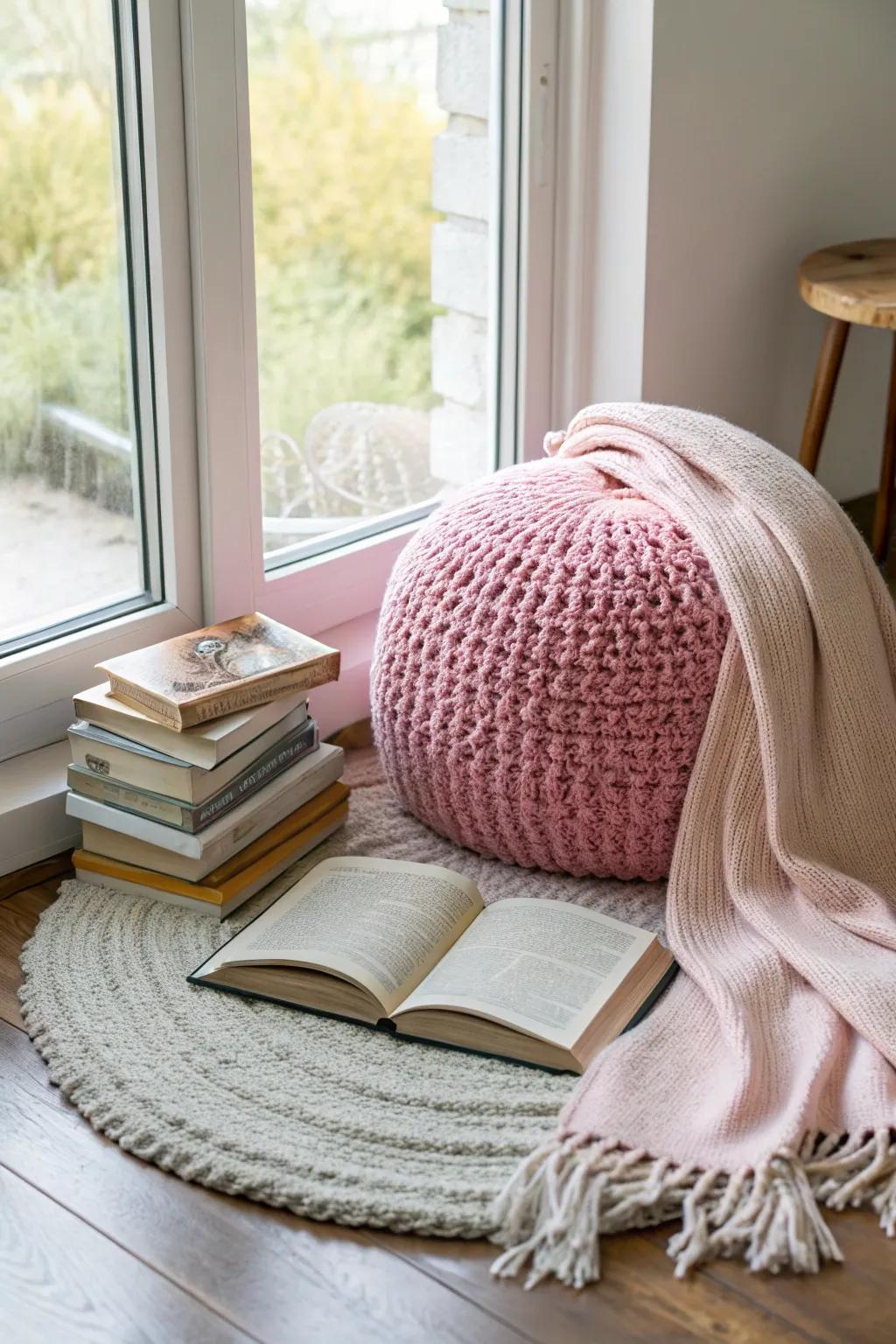 Enhance your living space with a cozy and stylish pink crochet pouf.