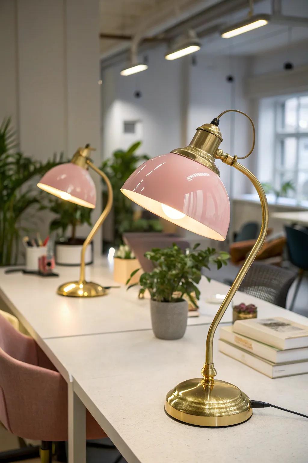 Pink and gold lighting fixtures enhance both function and form.