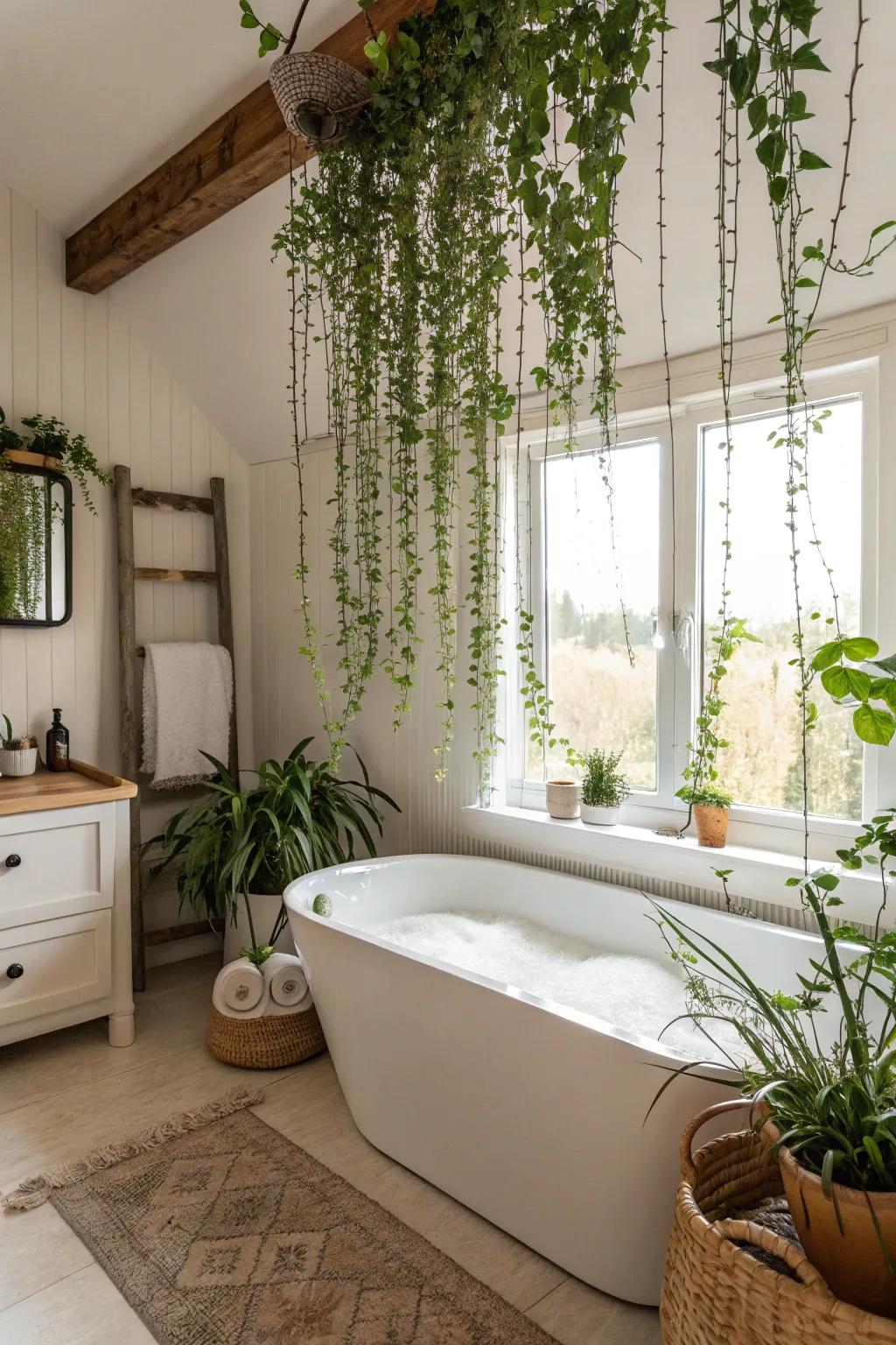 Transform your bathroom into a spa with hanging plants.