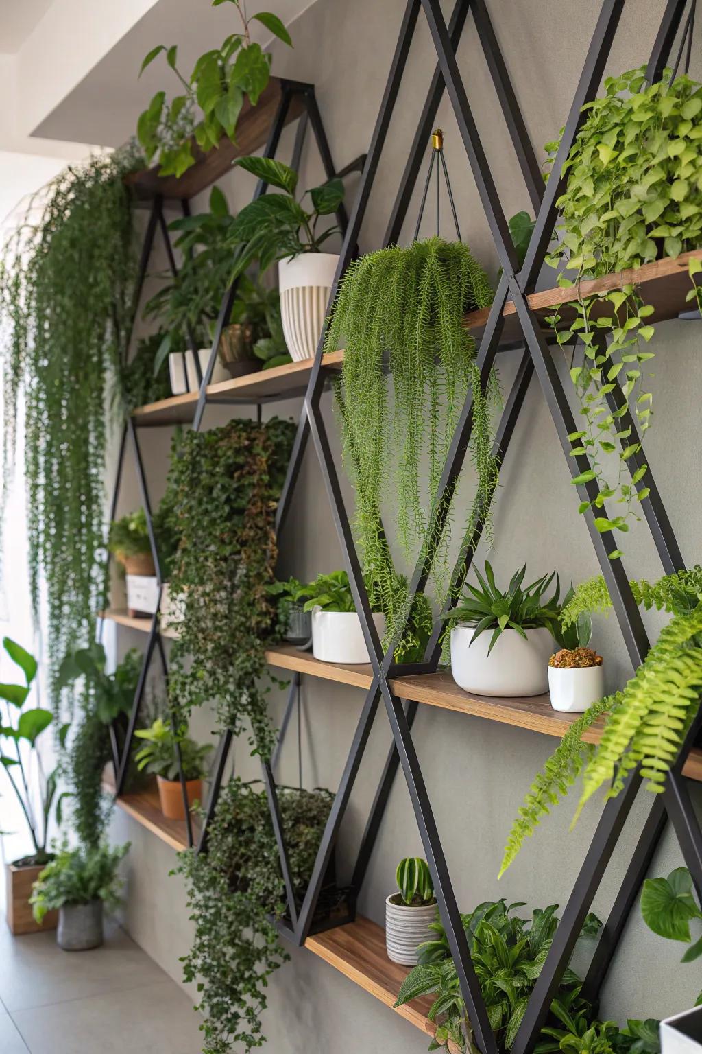 Angular shelves with a mix of plants for added dimension.