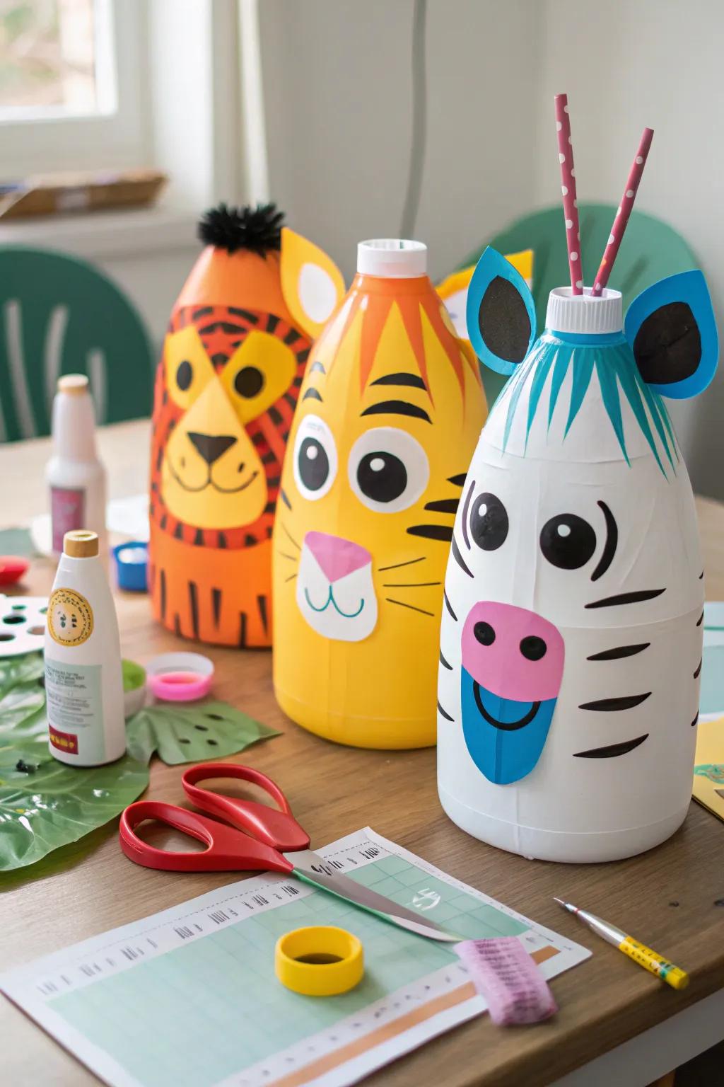 Get playful with vibrant animal masks crafted from milk bottles.