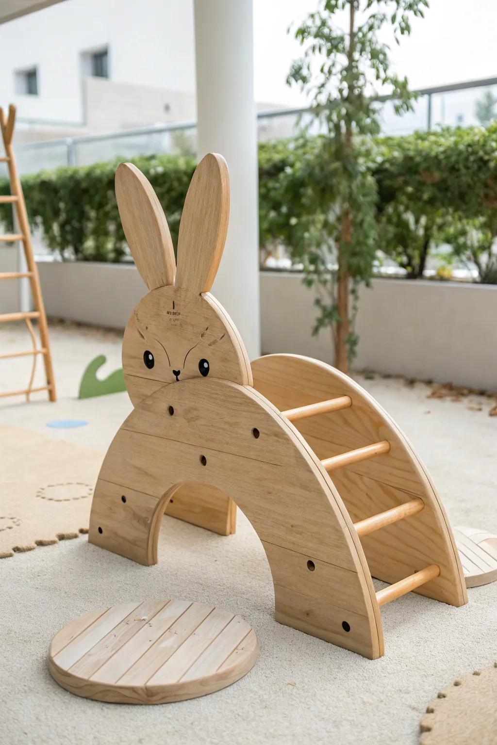 Hop into adventure with this charming wooden bunny obstacle, blending playful fun with minimalist beauty.