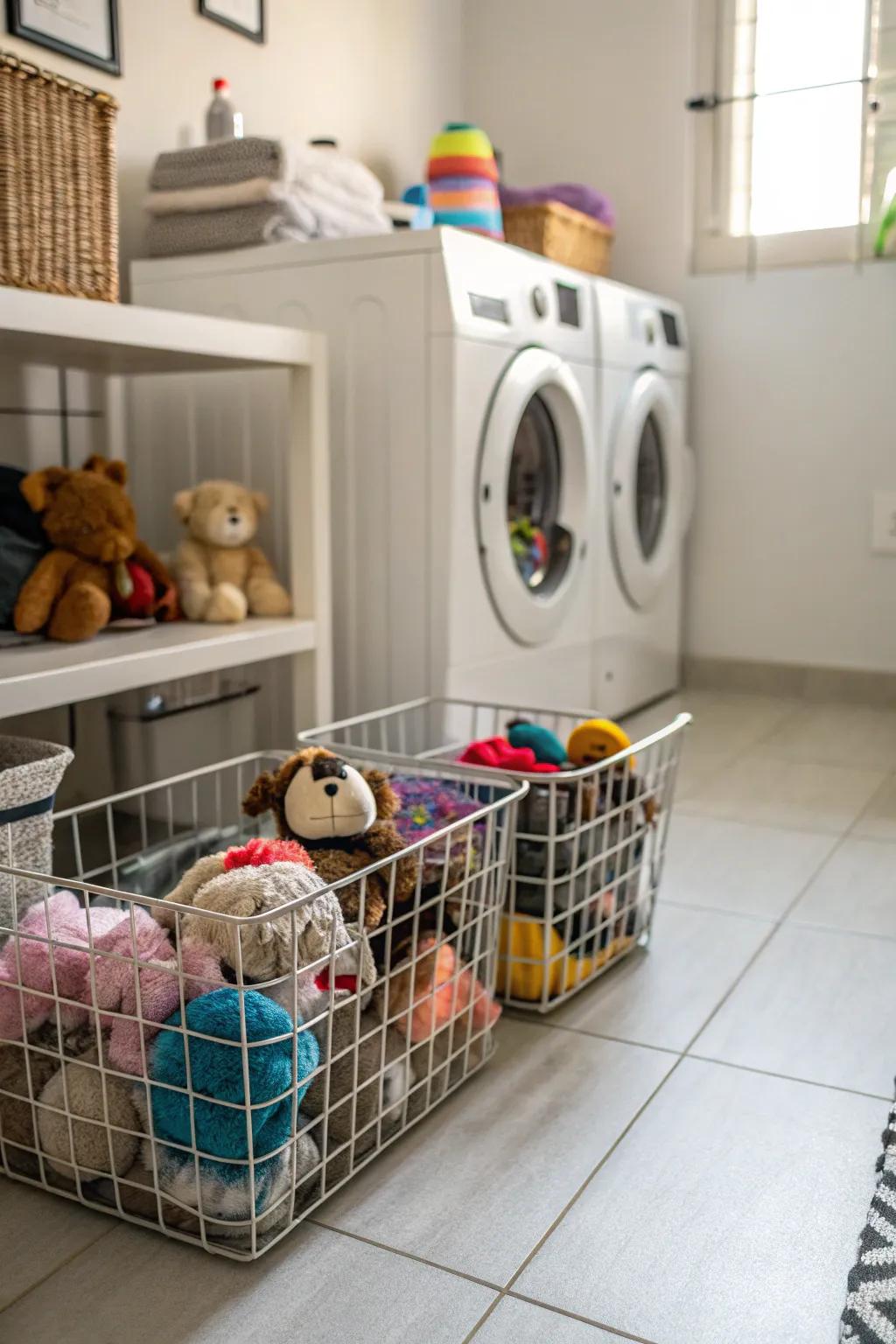 Wire laundry storage offers a chic and practical plush storage option.