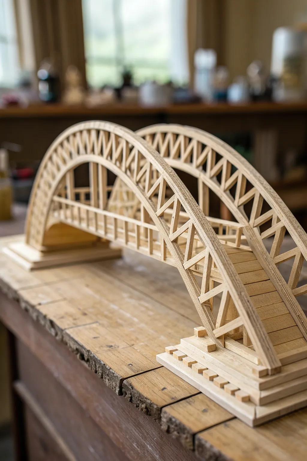 Discover the art of engineering with this stunning curved span bridge made from popsicle sticks. A perfect blend of form and function.