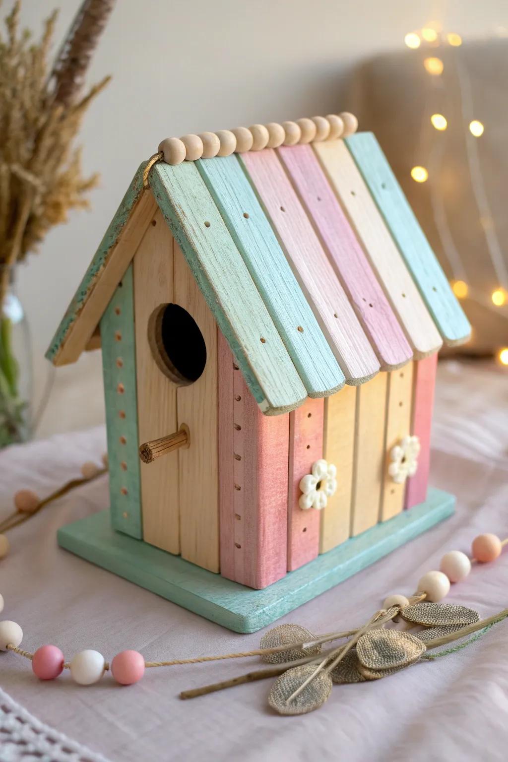 Invite nature into your space with this charming popsicle stick birdhouse — a perfect blend of Scandinavian simplicity and boho elegance.