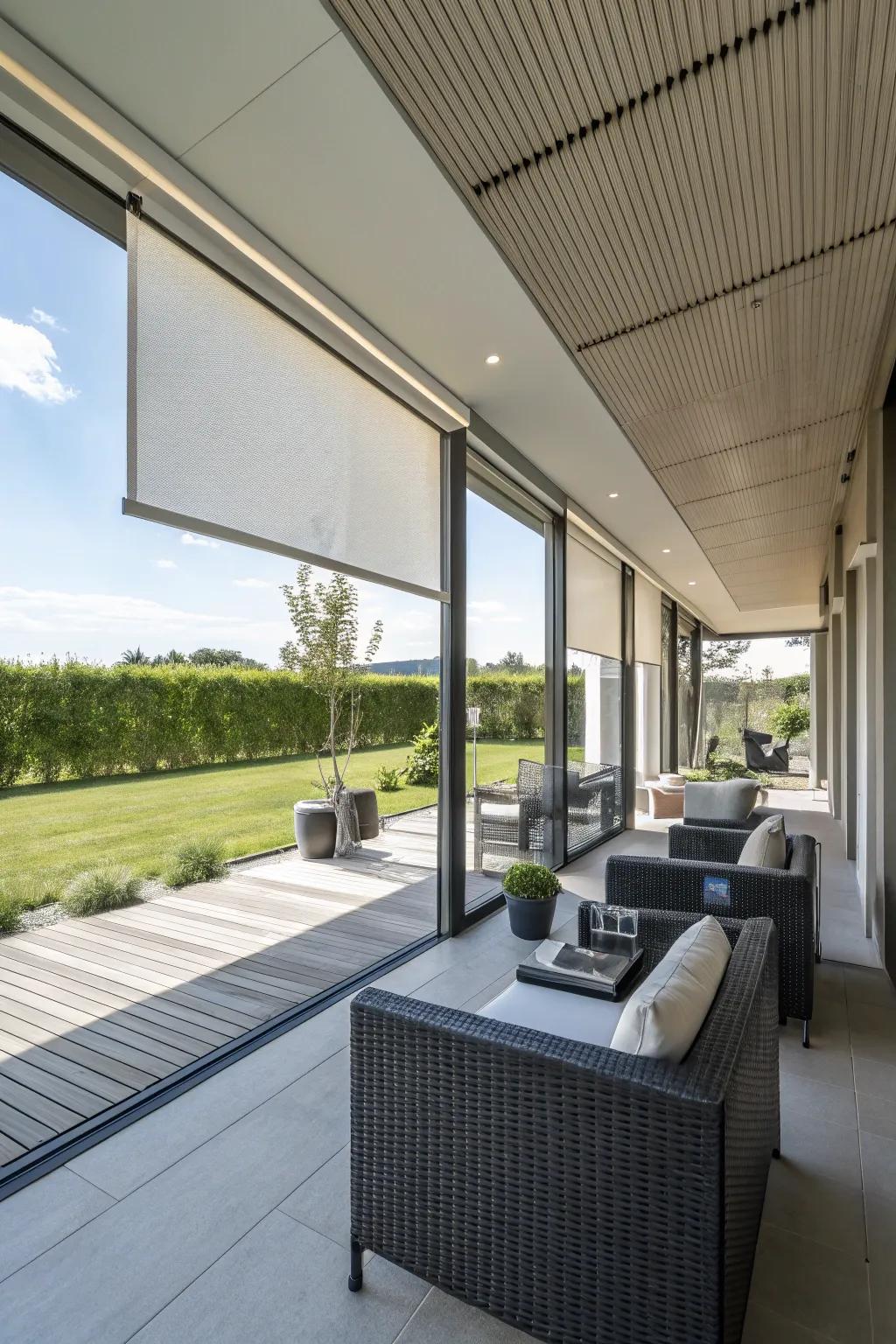 Motorized blinds offer effortless control for your porch.